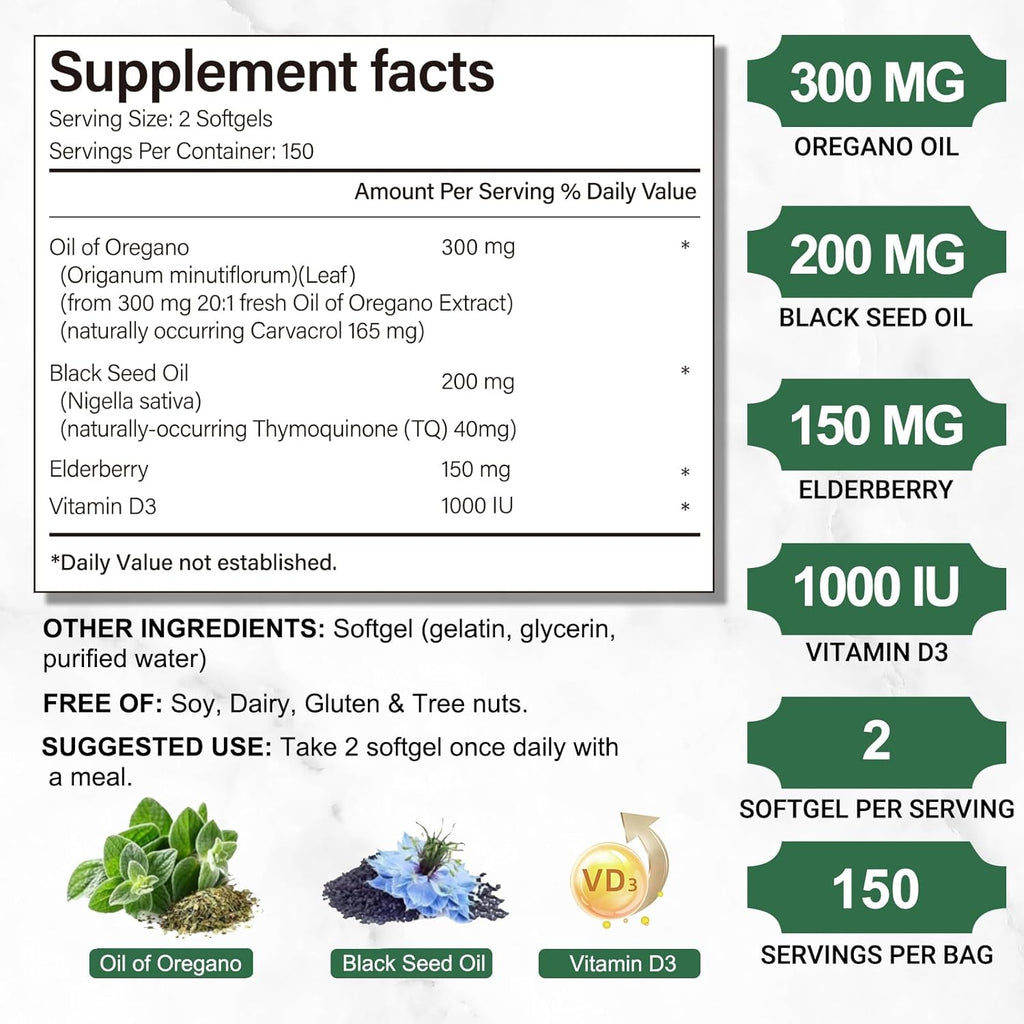 Oil of Oregano Softgels,300 Count, 4-in-1 Oil of Oregano with Black Seed Oil, Vitamin D3 & Elderberry for Immune Health, Oregano Oil Capsules Organic, High Carvacrol & Thymoquinone, Non-GMO