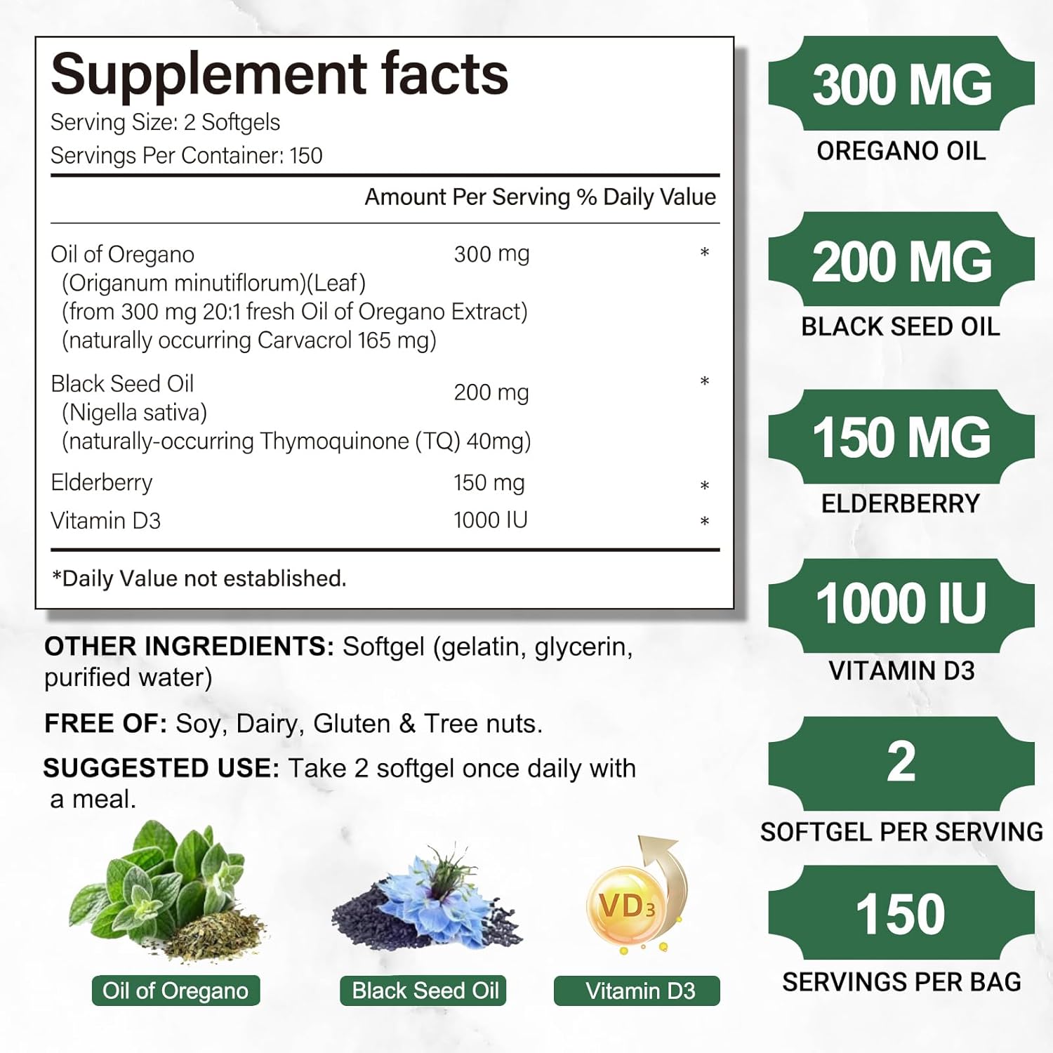 Oil of Oregano Softgels,300 Count, 4-in-1 Oil of Oregano with Black Seed Oil, Vitamin D3 & Elderberry for Immune Health, Oregano Oil Capsules Organic, High Carvacrol & Thymoquinone, Non-GMO