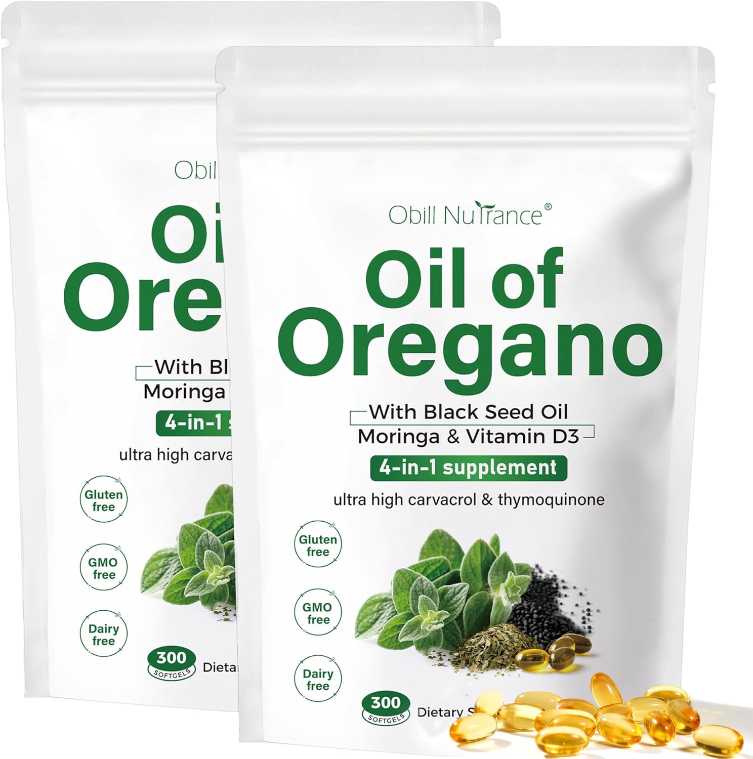 Żelowe kapsułki z olejkiem z oregano, 300 sztuk, 4-w-1 olejek z oregano z olejkiem z czarnuszki, moringą i witaminą D3 na wsparcie odporności, organiczne kapsułki z olejkiem z oregano, karwakrol i tymochinon, bez GMO