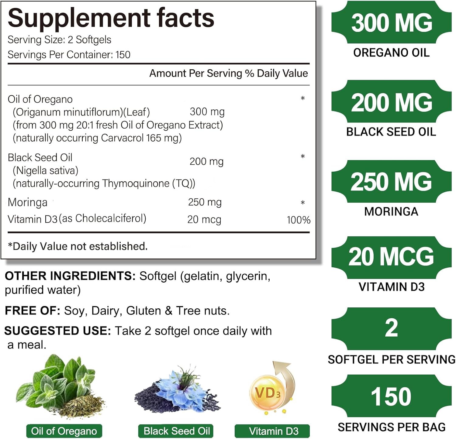 Oil of Oregano Softgels,300 Count, 4-in-1 Oil of Oregano with Black Seed Oil, Moringa & Vitamin D3 for Immune Support, Oregano Oil Capsules Organic, Carvacrol & Thymoquinone, Non-GMO