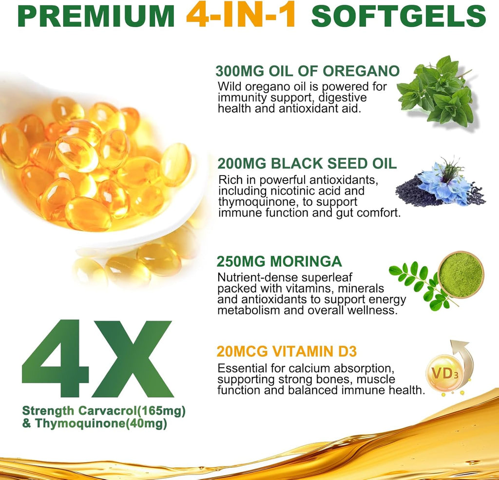 Oil of Oregano Softgels,300 Count, 4-in-1 Oil of Oregano with Black Seed Oil, Moringa & Vitamin D3 for Immune Support, Oregano Oil Capsules Organic, Carvacrol & Thymoquinone, Non-GMO