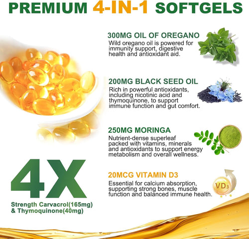 Oil of Oregano Softgels,300 Count, 4-in-1 Oil of Oregano with Black Seed Oil, Moringa & Vitamin D3 for Immune Support, Oregano Oil Capsules Organic, Carvacrol & Thymoquinone, Non-GMO