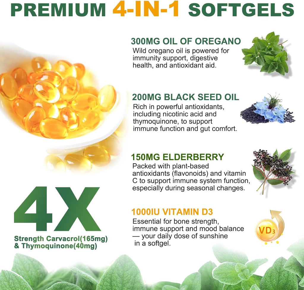 Oil of Oregano Softgels,300 Count, 4-in-1 Oil of Oregano with Black Seed Oil, Vitamin D3 & Elderberry for Immune Health, Oregano Oil Capsules Organic, High Carvacrol & Thymoquinone, Non-GMO