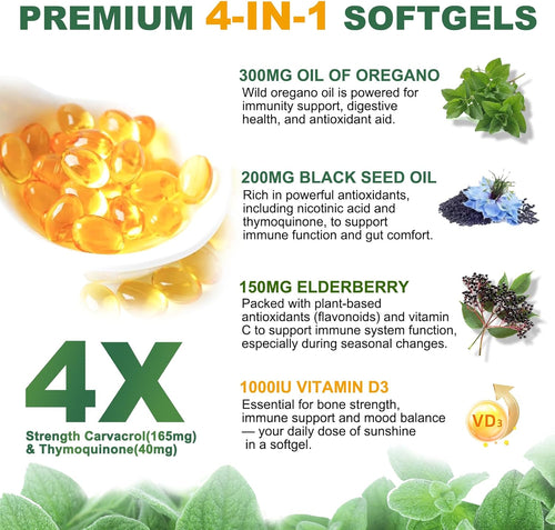 Oil of Oregano Softgels,300 Count, 4-in-1 Oil of Oregano with Black Seed Oil, Vitamin D3 & Elderberry for Immune Health, Oregano Oil Capsules Organic, High Carvacrol & Thymoquinone, Non-GMO