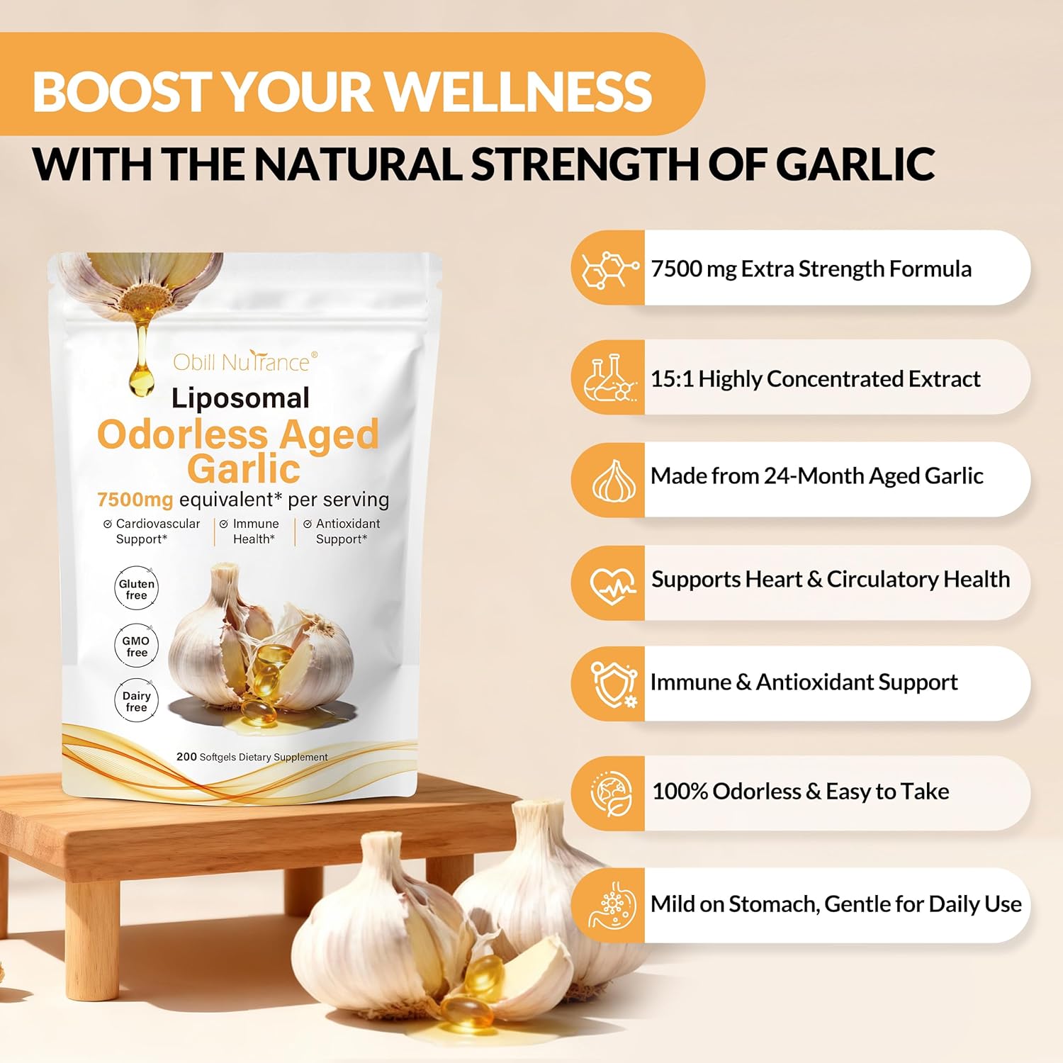 Obill NuTrance Aged Garlic Extract, 7500mg Odorless Organic Garlic Supplements, 2 Years Aged Garlic Extract, Grown Allium Sativum Bulb | Supports Immune & Antioxidant Health | Non-GMO, Gluten-Free