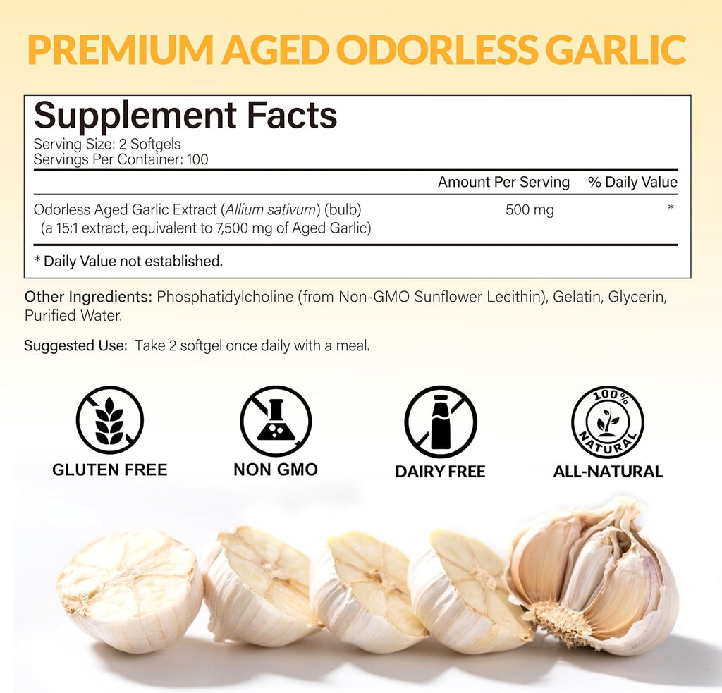 Obill NuTrance Aged Garlic Extract, 7500mg Odorless Organic Garlic Supplements, 2 Years Aged Garlic Extract, Grown Allium Sativum Bulb | Supports Immune & Antioxidant Health | Non-GMO, Gluten-Free