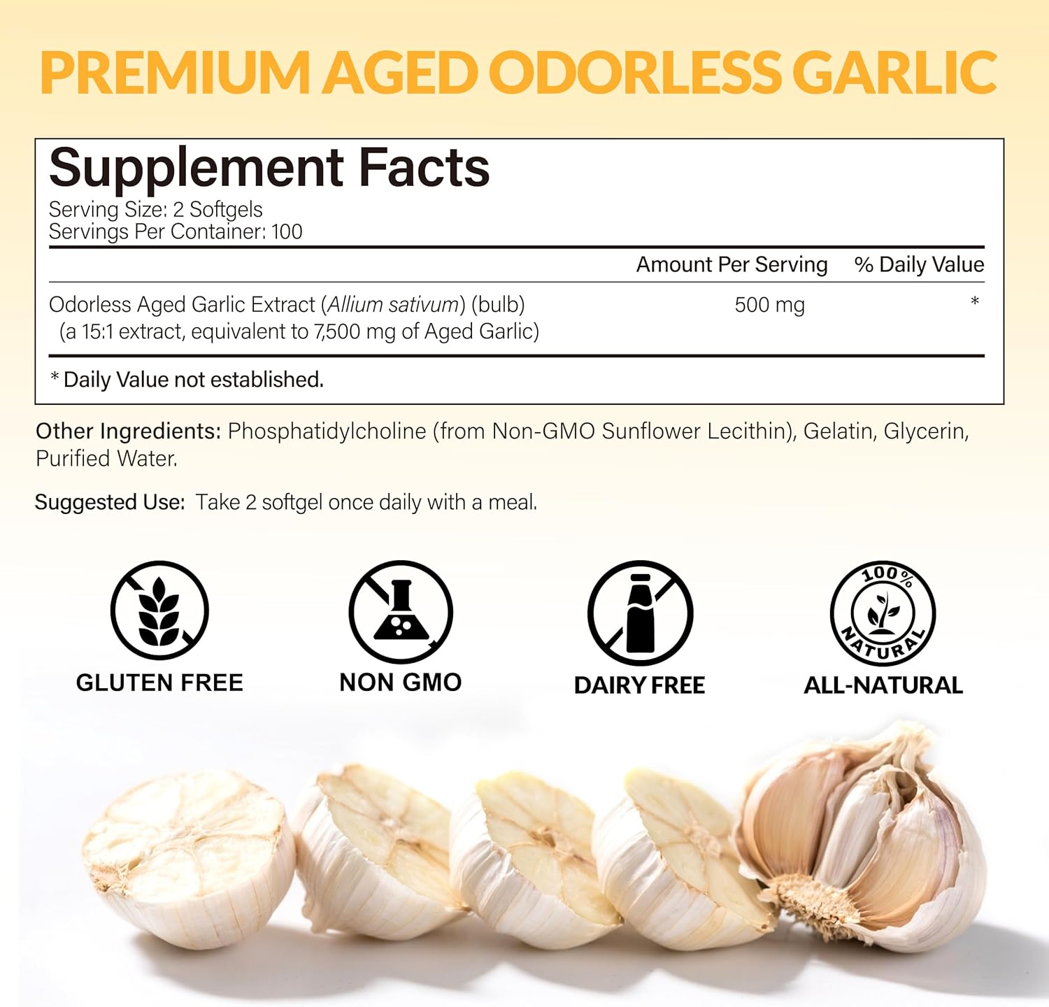 Obill NuTrance Aged Garlic Extract, 7500mg Odorless Organic Garlic Supplements, 2 Years Aged Garlic Extract, Grown Allium Sativum Bulb | Supports Immune & Antioxidant Health | Non-GMO, Gluten-Free
