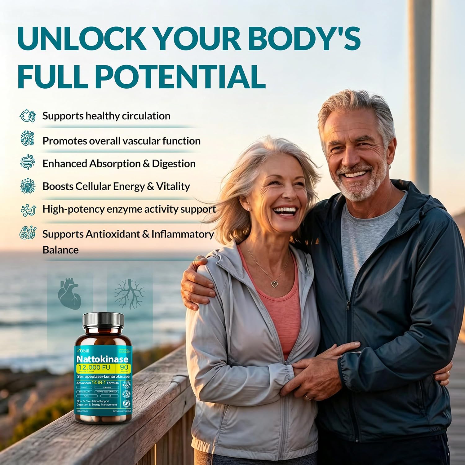 Nattokinase Supplement 12,000 FU (Max Strength) Serrapeptase 360,000 SPU, Lumbrokinase 10,000 FUV & CoQ10 -Systemic Enzymes Complex for Cardiovascular & Circulatory, Gut & Digestion Health-90 Capsules