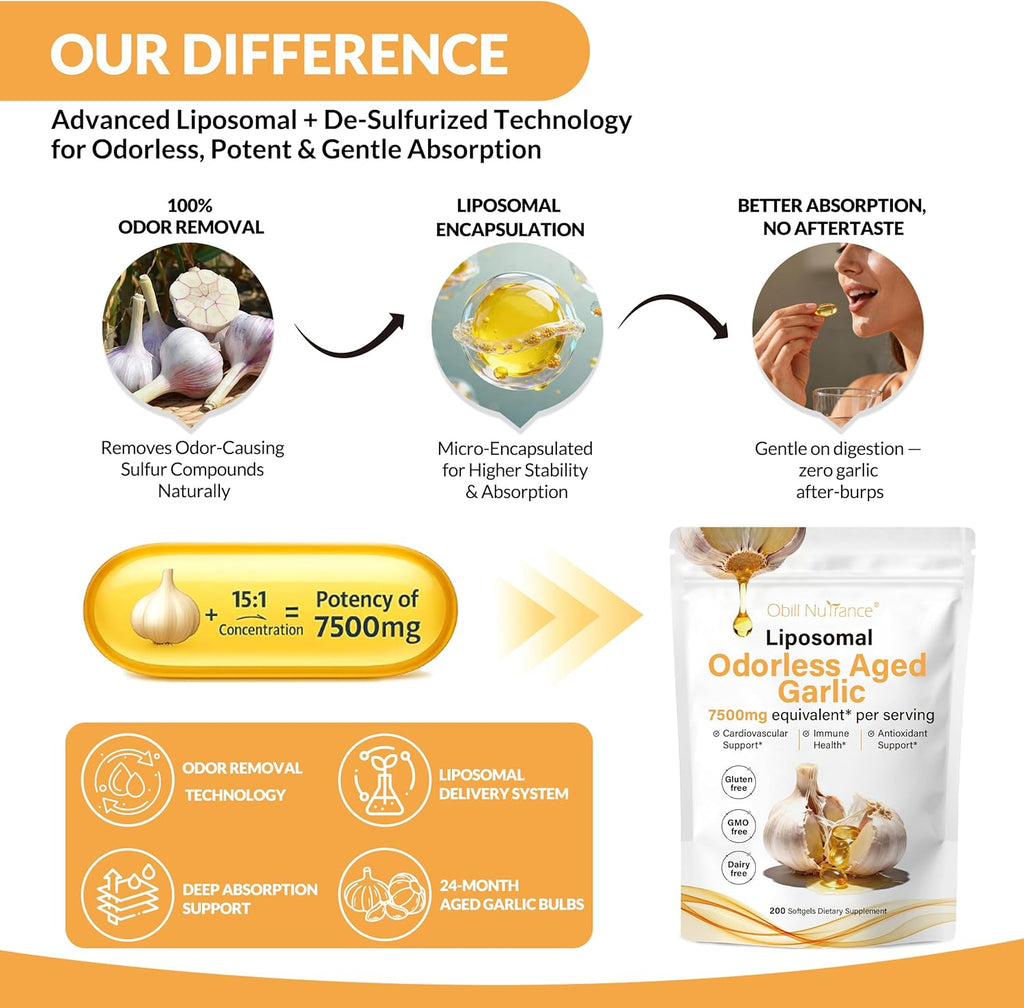 Obill NuTrance Aged Garlic Extract, 7500mg Odorless Organic Garlic Supplements, 2 Years Aged Garlic Extract, Grown Allium Sativum Bulb | Supports Immune & Antioxidant Health | Non-GMO, Gluten-Free