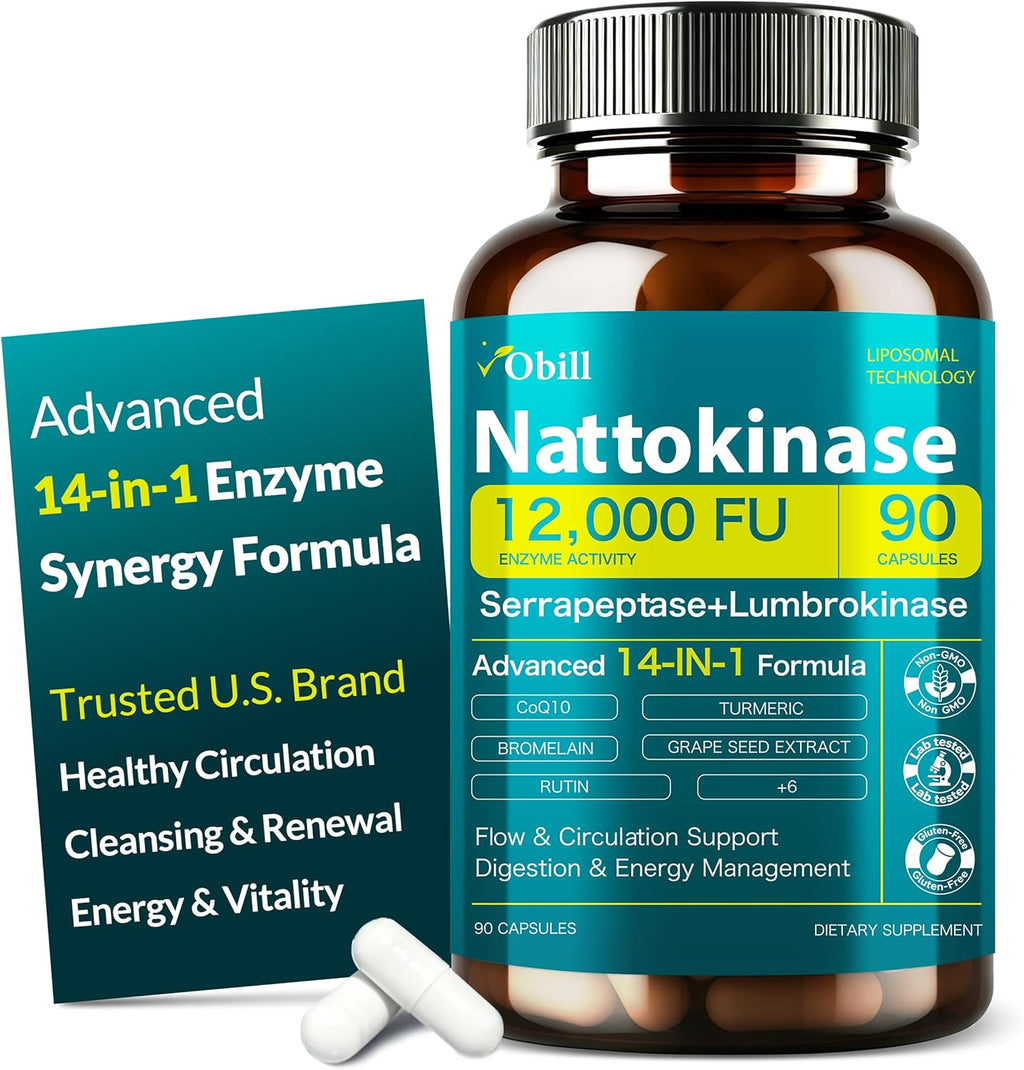 Nattokinase Supplement 12,000 FU (Max Strength) Serrapeptase 360,000 SPU, Lumbrokinase 10,000 FUV & CoQ10 -Systemic Enzymes Complex for Cardiovascular & Circulatory, Gut & Digestion Health-90 Capsules