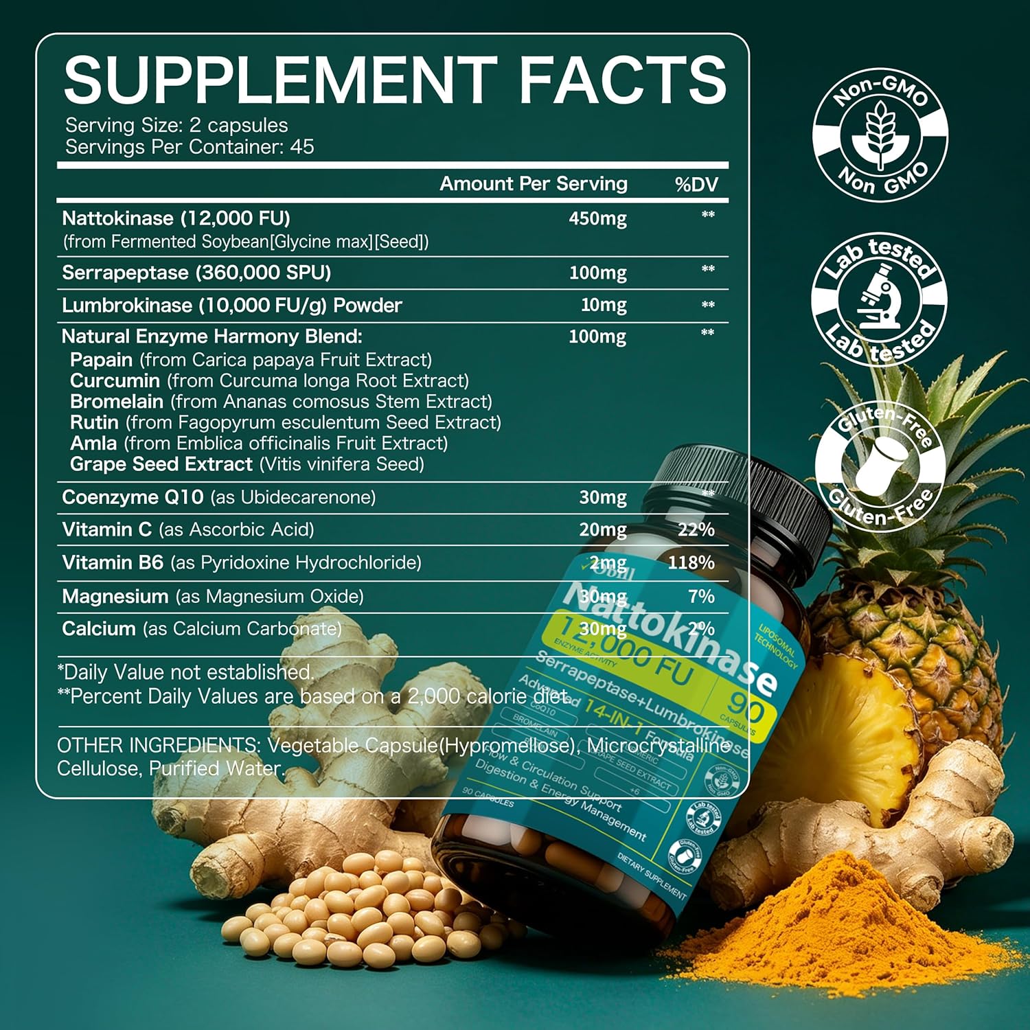 Nattokinase Supplement 12,000 FU (Max Strength) Serrapeptase 360,000 SPU, Lumbrokinase 10,000 FUV & CoQ10 -Systemic Enzymes Complex for Cardiovascular & Circulatory, Gut & Digestion Health-90 Capsules