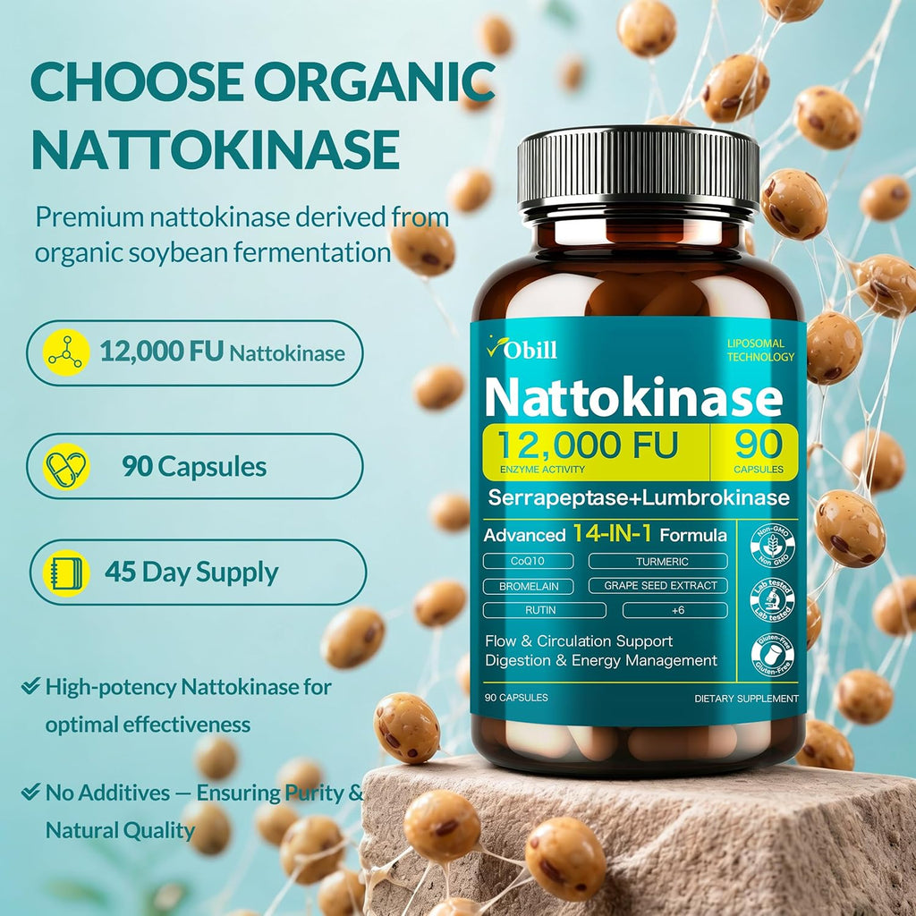 Nattokinase Supplement 12,000 FU (Max Strength) Serrapeptase 360,000 SPU, Lumbrokinase 10,000 FUV & CoQ10 -Systemic Enzymes Complex for Cardiovascular & Circulatory, Gut & Digestion Health-90 Capsules