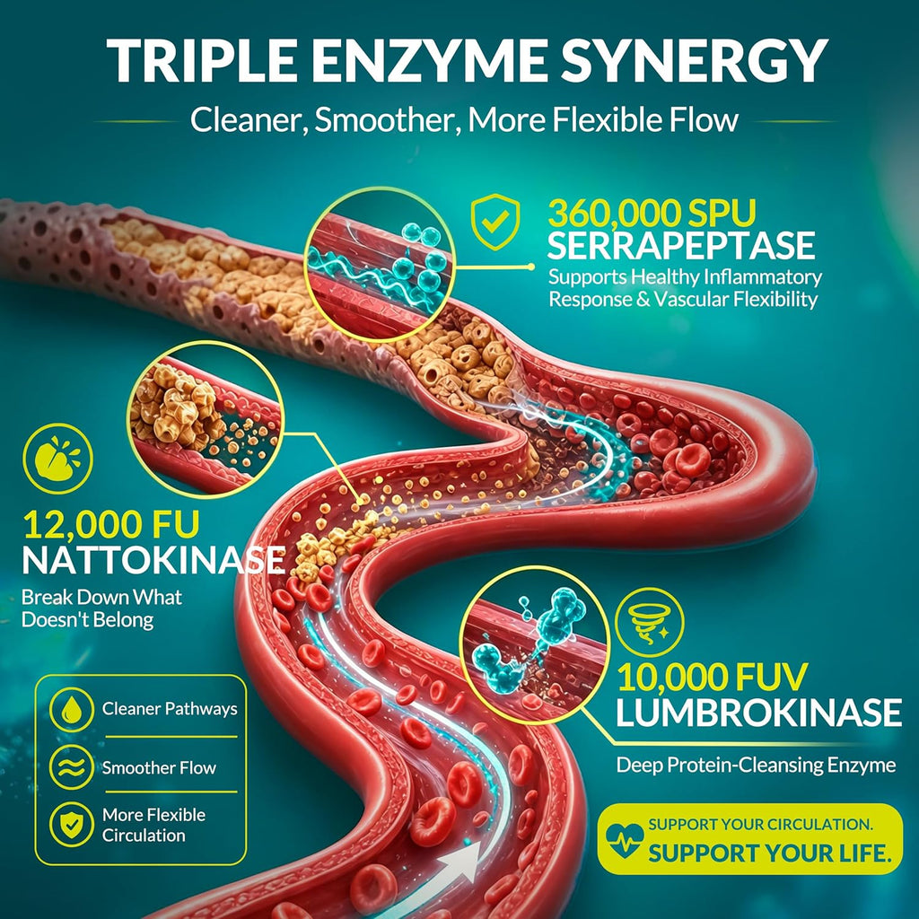 Nattokinase Supplement 12,000 FU (Max Strength) Serrapeptase 360,000 SPU, Lumbrokinase 10,000 FUV & CoQ10 -Systemic Enzymes Complex for Cardiovascular & Circulatory, Gut & Digestion Health-90 Capsules